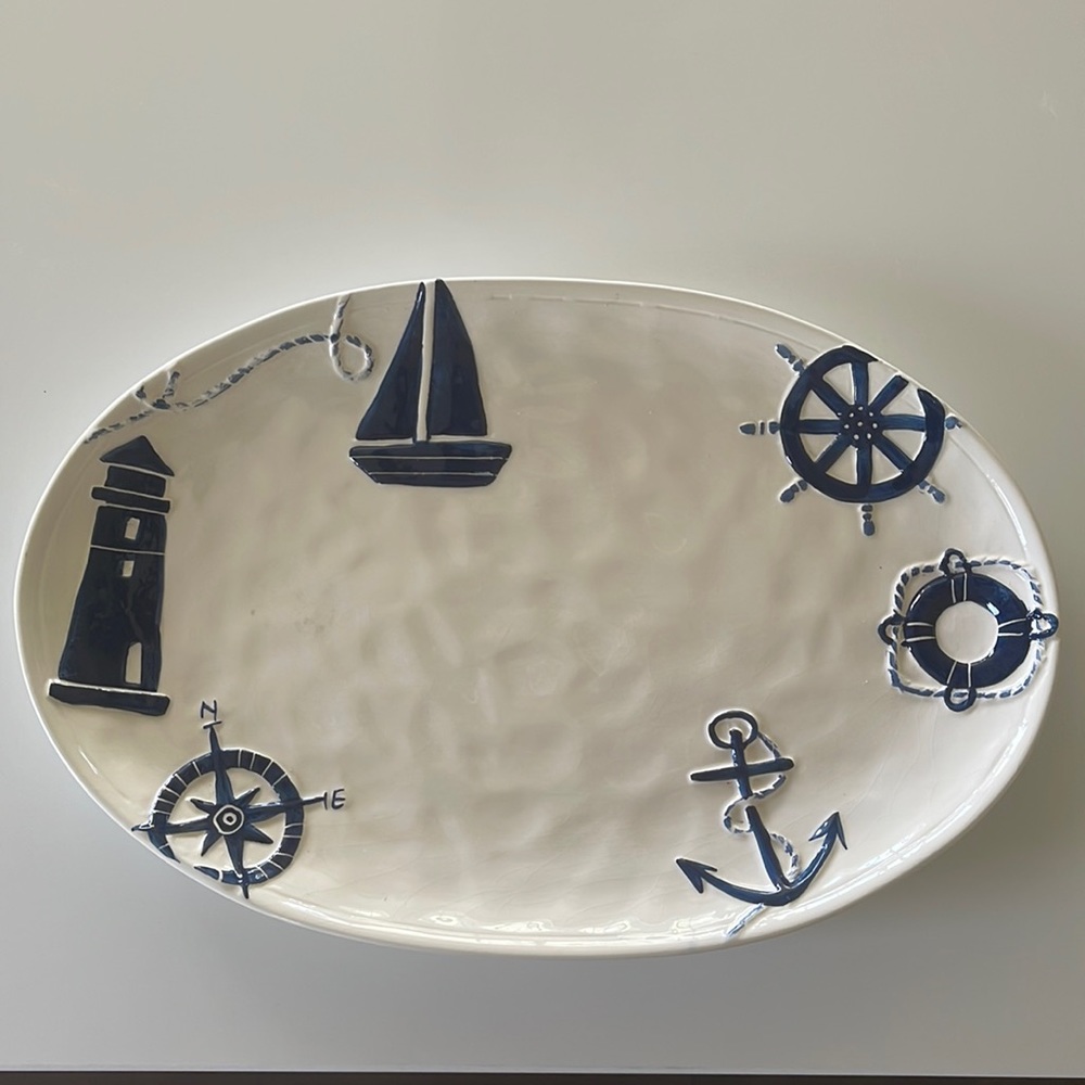Amici Home Nautical White Blue 18.5” Ceramic Platter Dish Plate Decor Cape Cod